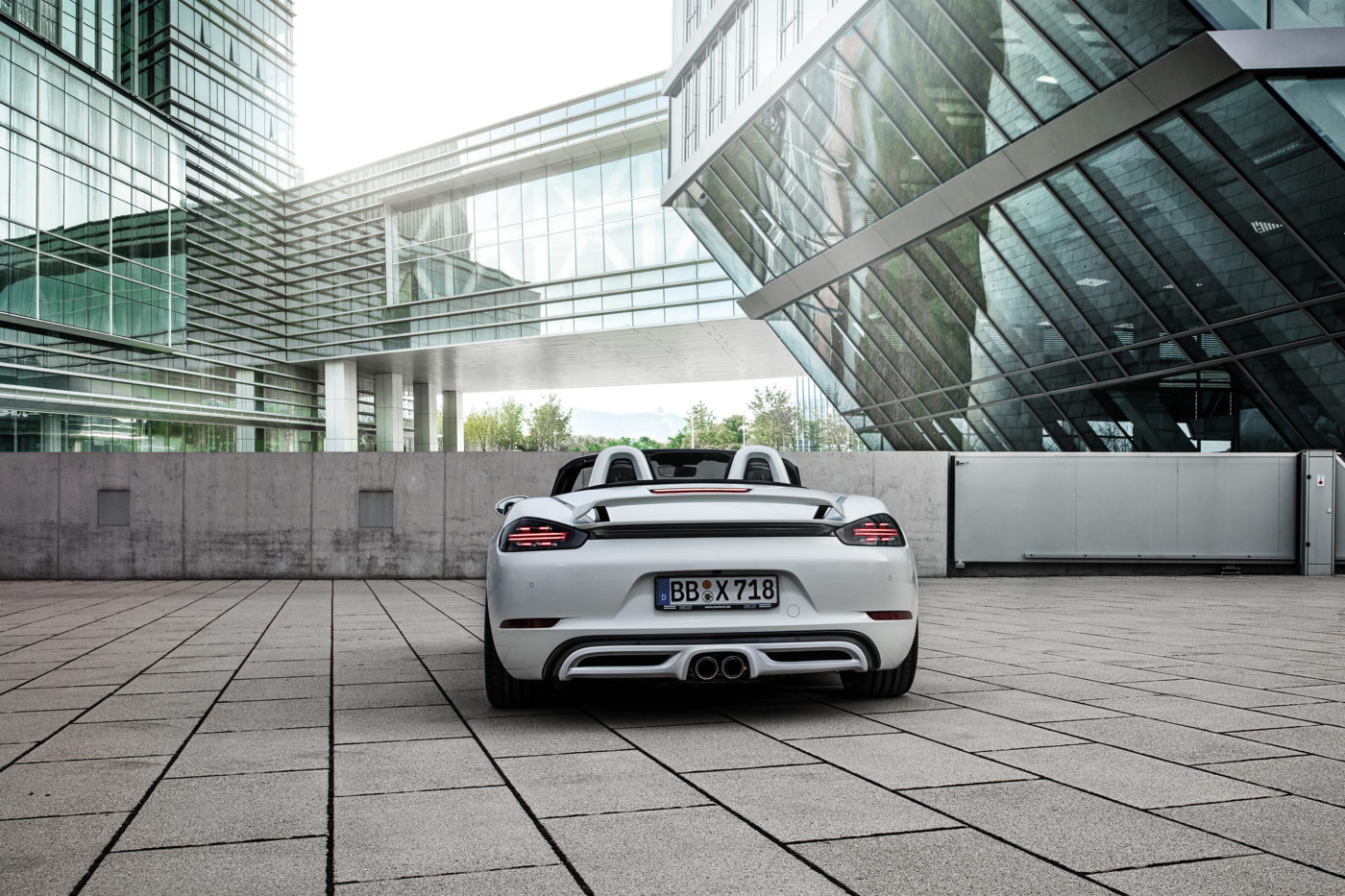 Porsche Cayman Boxster Techart Tuning in white, rear view.